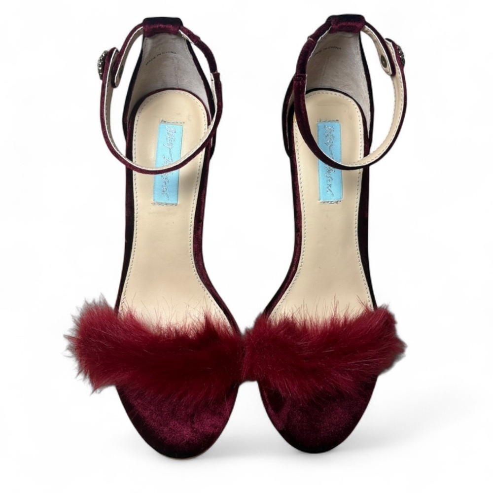 Betsey Johnson Burgundy Velvet Fur Heels | Size 7 Holiday Party Pumps - Picture 2 of 8